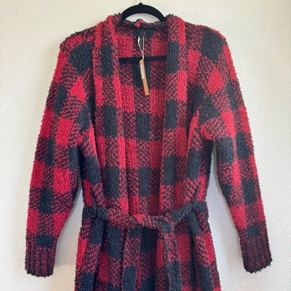 SKIMS Brick Buffalo Check Cozy Knit Robe – Red/Black (S/M) NWOT